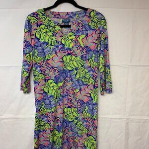 Caribbean Joe dress SZ S green , pink & navy tropical print column resort wear